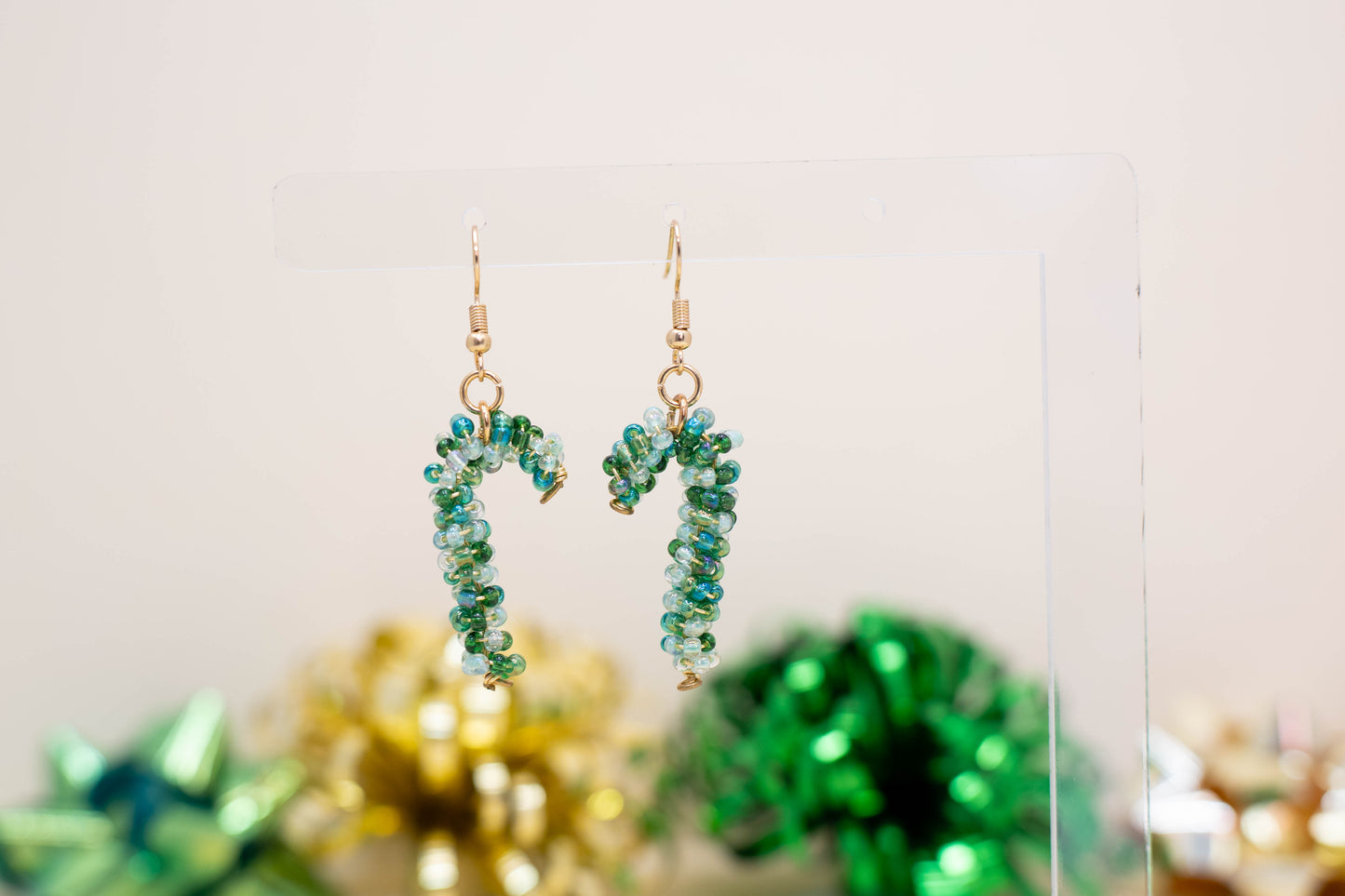 Green & Blue Beaded Candy Cane Earrings
