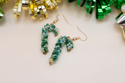 Green & Blue Beaded Candy Cane Earrings