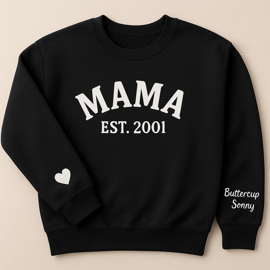 MAMA EST Shirt / Sweatshirt / Hoodie – Personalized Year Design (Vinyl or Embroidery)